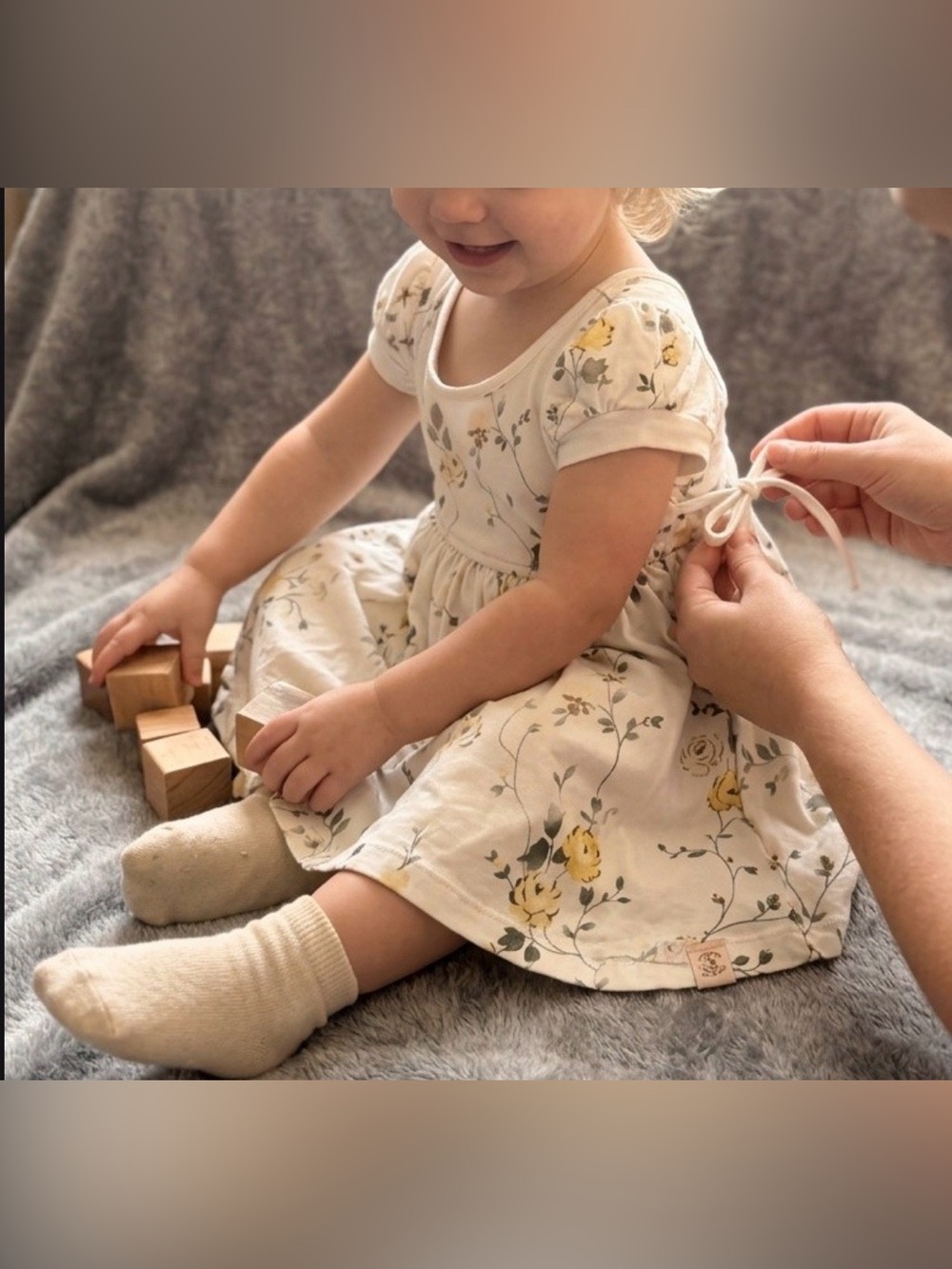 Cream Floral Tie-Back Kids Dress with Yellow Accents